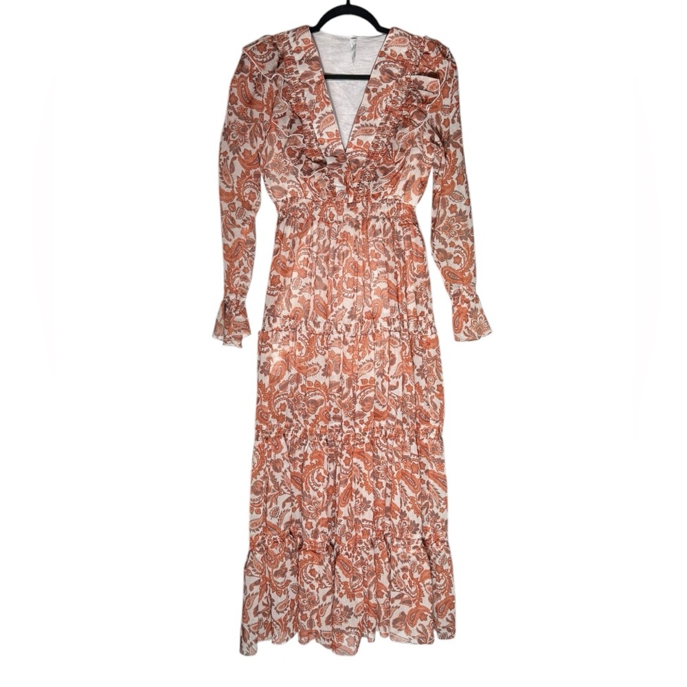 Avantlook Paisley Print Midi Dress Womens size Medium Flutter Trim Bohemian